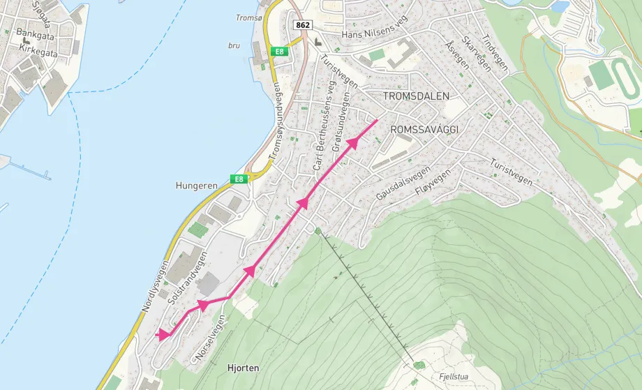 Kart som viser trase for enveiskjøring