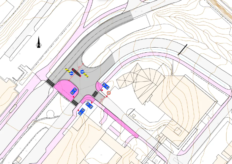 Kartillustrasjon av løsning hvor Sykehusvegen møter Hansine Hansens veg